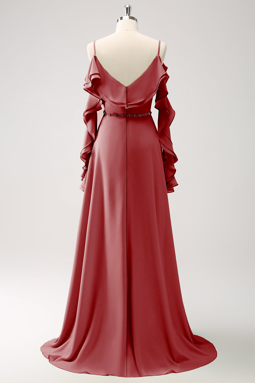 Mørkegrøn kold skulder A-linje Chiffon lang brudepigekjole med flæser