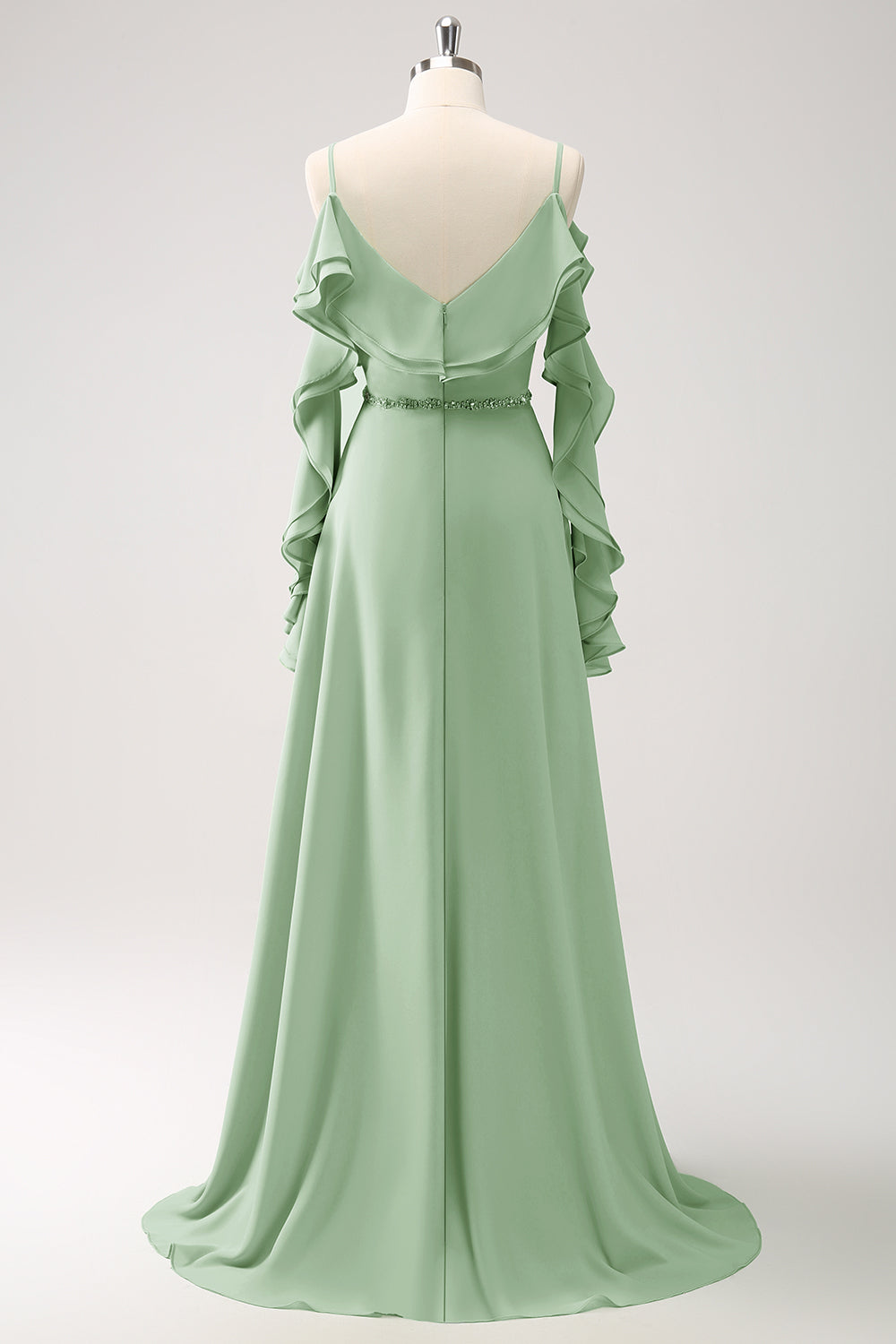 Mørkegrøn kold skulder A-linje Chiffon lang brudepigekjole med flæser