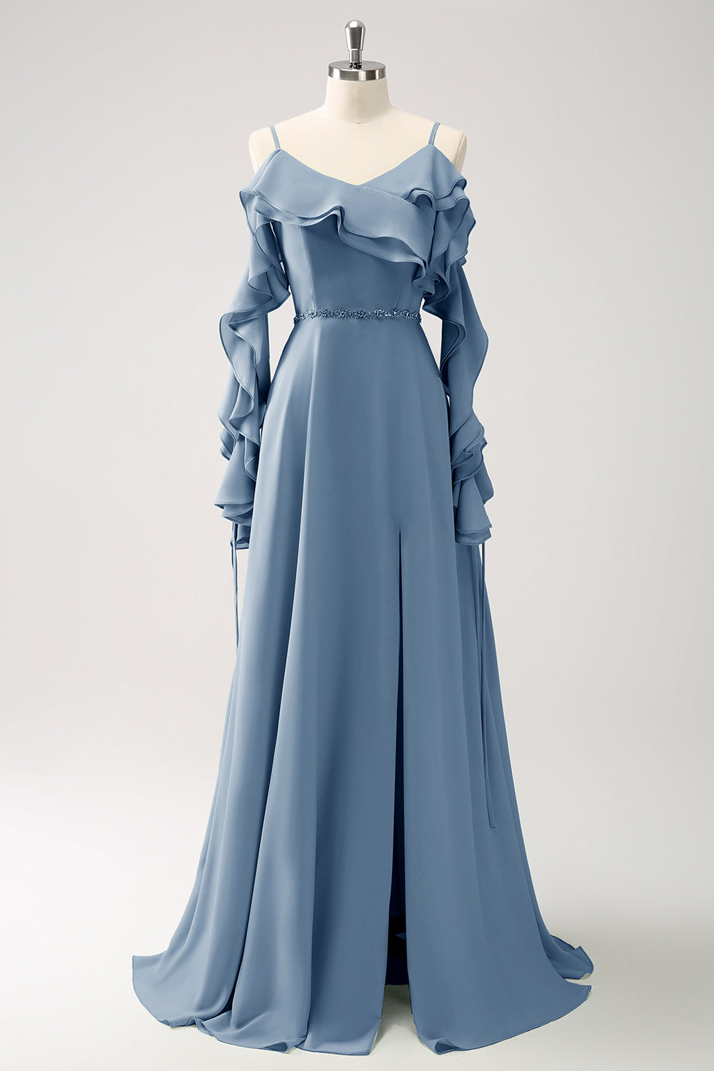 Mørkegrøn kold skulder A-linje Chiffon lang brudepigekjole med flæser