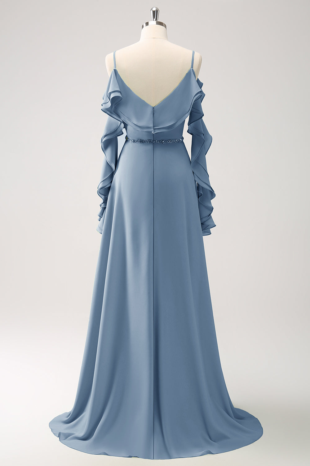 Mørkegrøn kold skulder A-linje Chiffon lang brudepigekjole med flæser