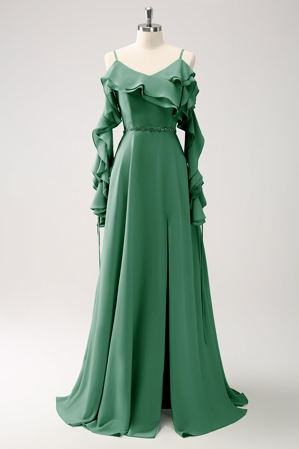 Mørkegrøn kold skulder A-linje Chiffon lang brudepigekjole med flæser