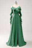 Mørkegrøn kold skulder A-linje Chiffon lang brudepigekjole med flæser