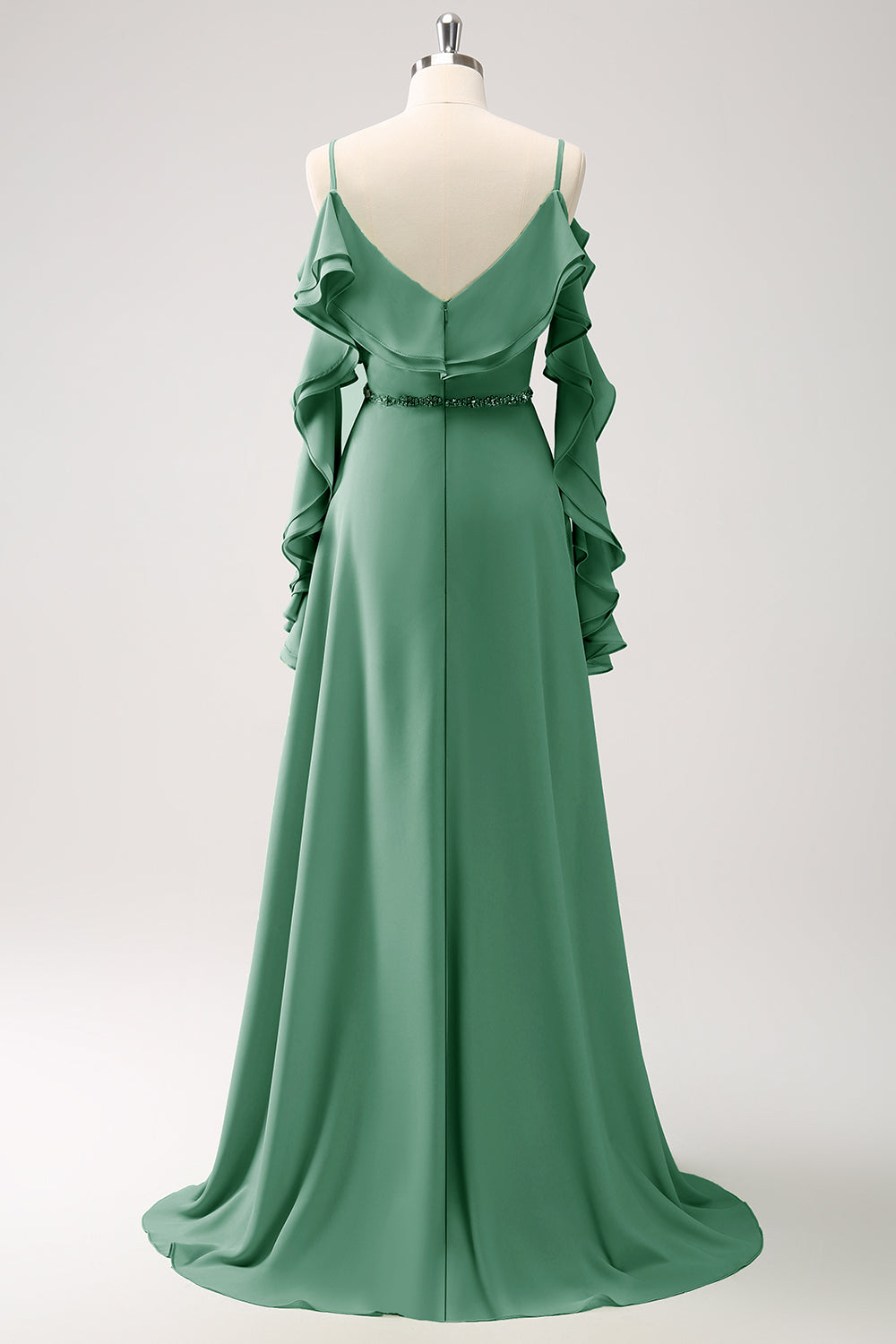 Mørkegrøn kold skulder A-linje Chiffon lang brudepigekjole med flæser