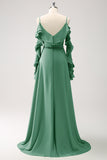 Mørkegrøn kold skulder A-linje Chiffon lang brudepigekjole med flæser