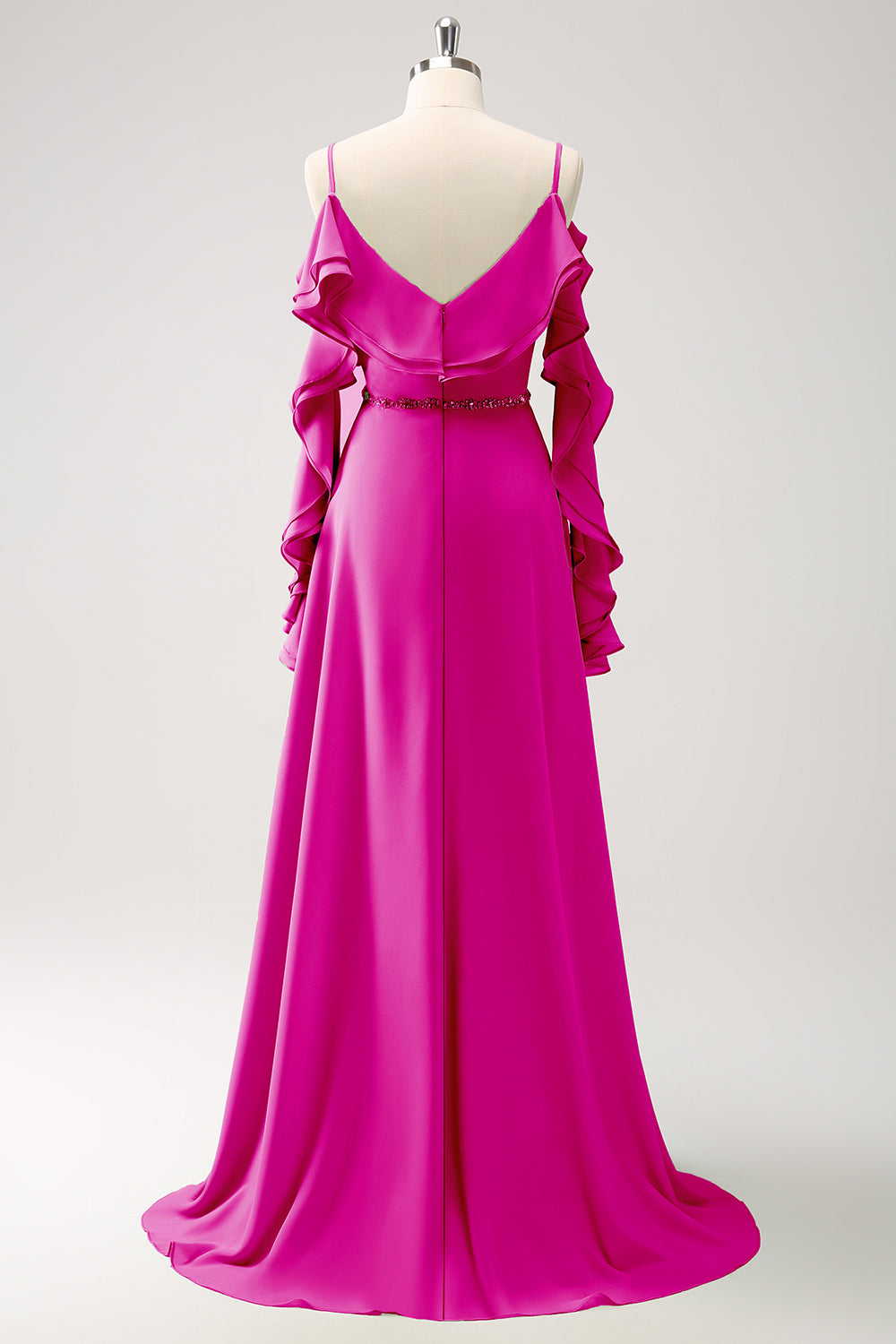 Mørkegrøn kold skulder A-linje Chiffon lang brudepigekjole med flæser