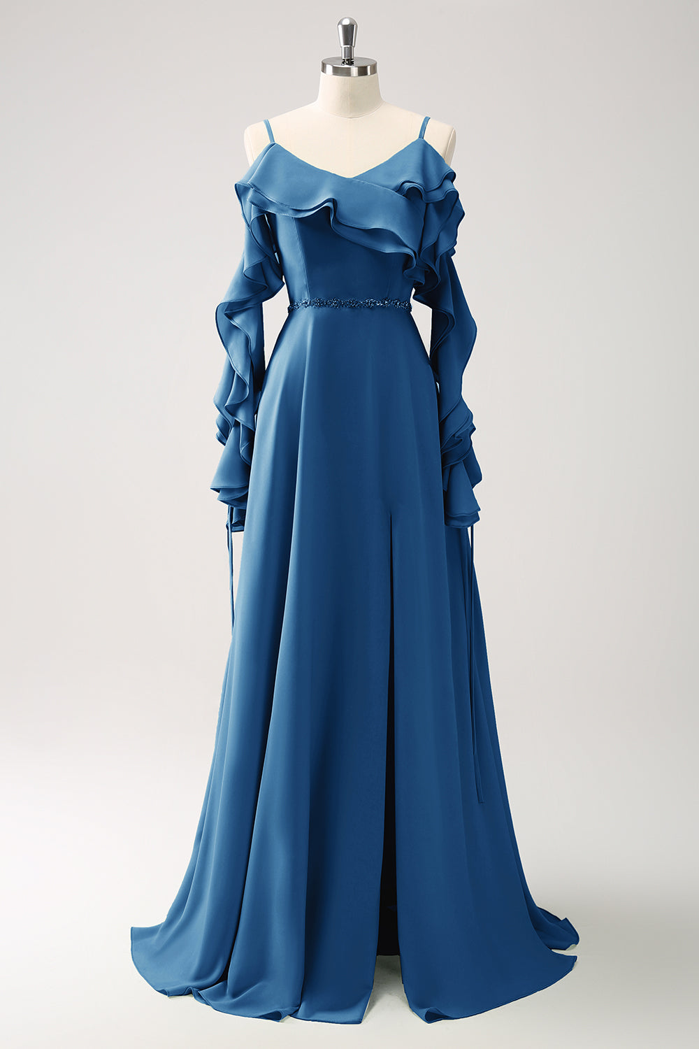 Mørkegrøn kold skulder A-linje Chiffon lang brudepigekjole med flæser