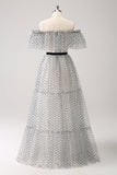 Hvid Sort A-linje Dot Off-the-Shoulder Gallakjole