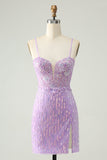 Glitter Lilla V-Hals Stram Pailletter Appliques Eksamenskjole