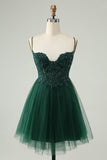 Glitter mørkegrøn A-line Beaded applikationer Tulle Homecoming kjole