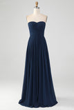 Navy A Line Sweetheart Plisseret Lang Brudepige Kjole