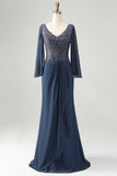 Glitter Twilight Mermaid V Neck Beaded Mother of Bride Dress med applikationer