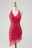 Sparkly Fuchsia Pailletter Halter Kort Bodycon Homecoming Kjole med kvaster