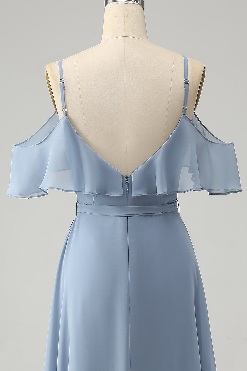 Gråblå spaghettistropper Chiffonkjole med V-hals Brudepigekjole med slids