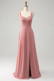 Brick Red A Line Spaghetti Straps Lang brudepigekjole med slids