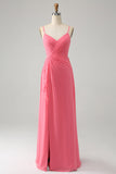 Coral A Line V hals Spaghetti Stropper Chiffon Lang Brudepigekjole med slids