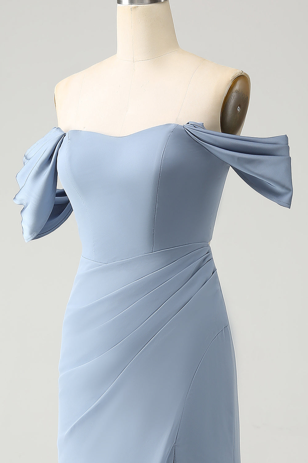 Gråblå havfrue fra skulderen Chiffon lang brudepigekjole med slids