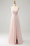 Pink A Line V hals Chiffon lang brudepigekjole med slids