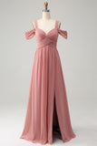 Chiffon Red A Line Spaghetti Stropper Plisseret brudepigekjole med slids