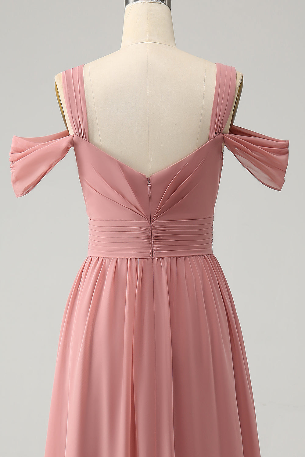 Chiffon Red A Line Spaghetti Stropper Plisseret brudepigekjole med slids