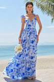 Off The Shoulder Blå Floral A Line Chiffon Brudepigekjole