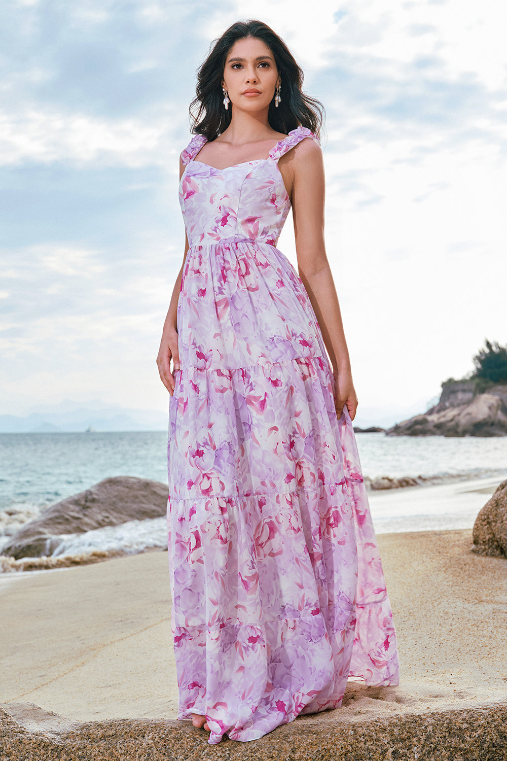 Grå lilla blomster spaghetti stropper A-linje brudepigekjole