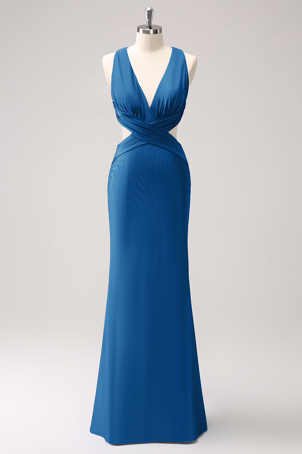 Kongeblå havfrue udskåret rynket lang brudepigekjole