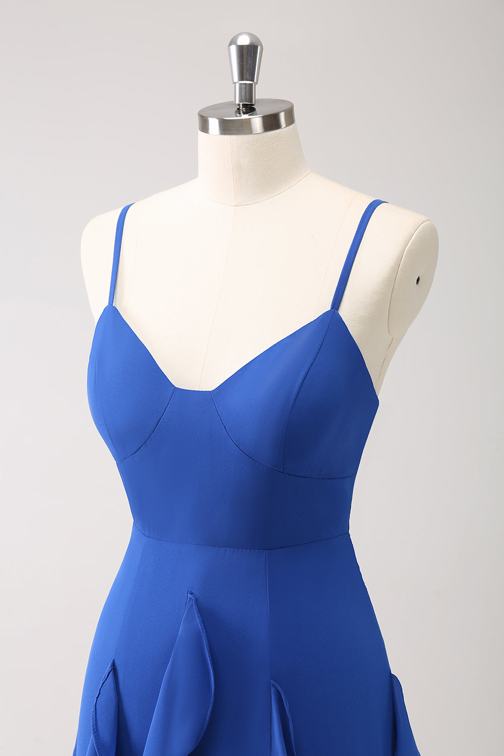 A-linje mørkeblå Spaghetti stropper brudepigekjole med flæser