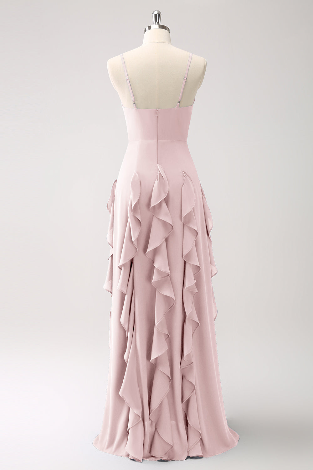 A-linje mørkeblå Spaghetti stropper brudepigekjole med flæser