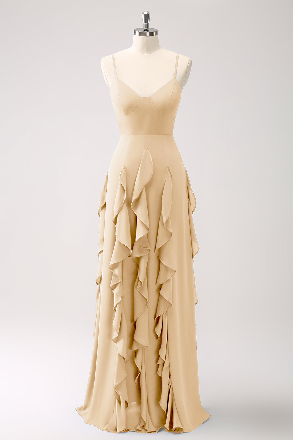 A-linje mørkeblå Spaghetti stropper brudepigekjole med flæser