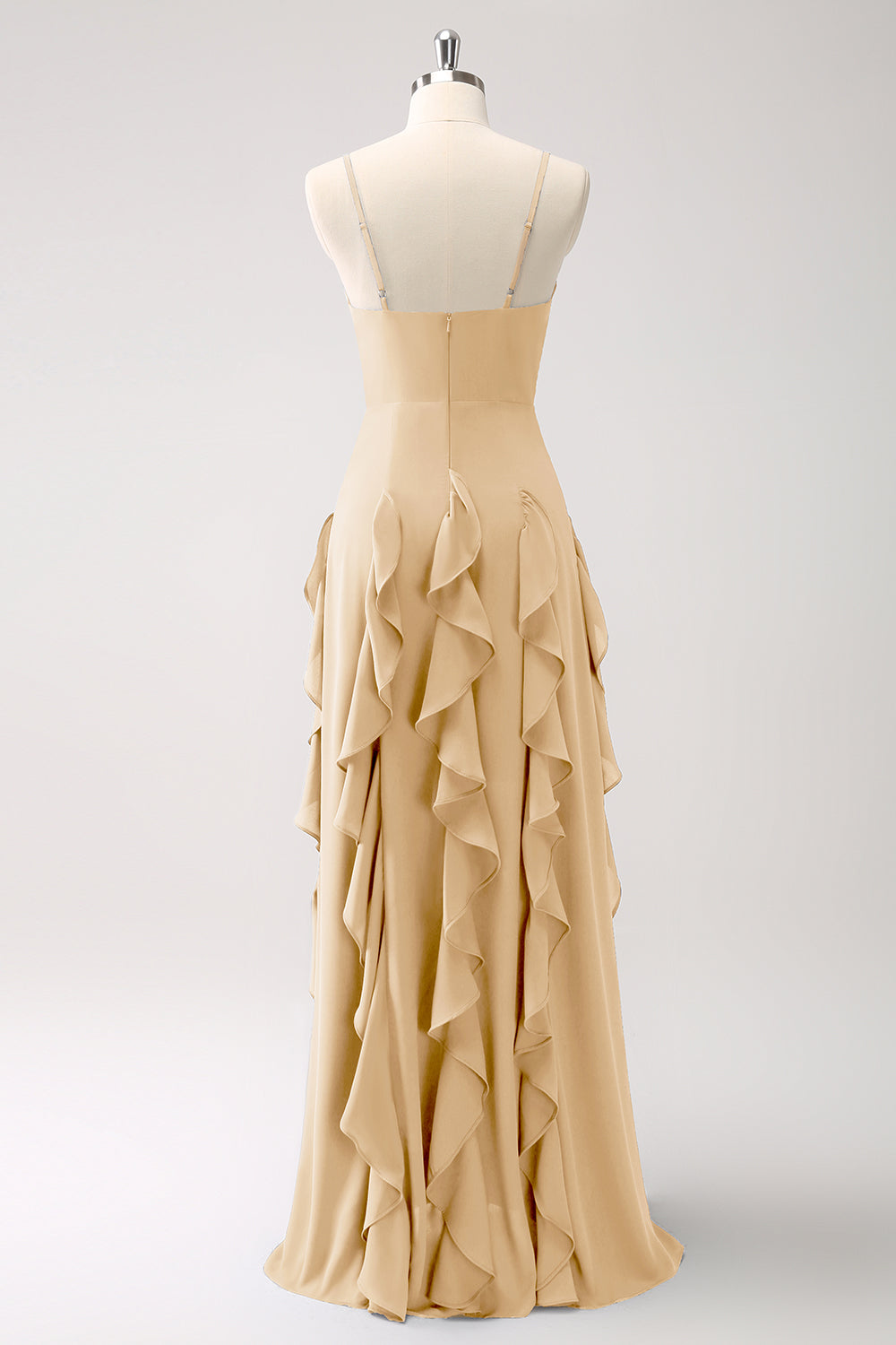 A-linje mørkeblå Spaghetti stropper brudepigekjole med flæser