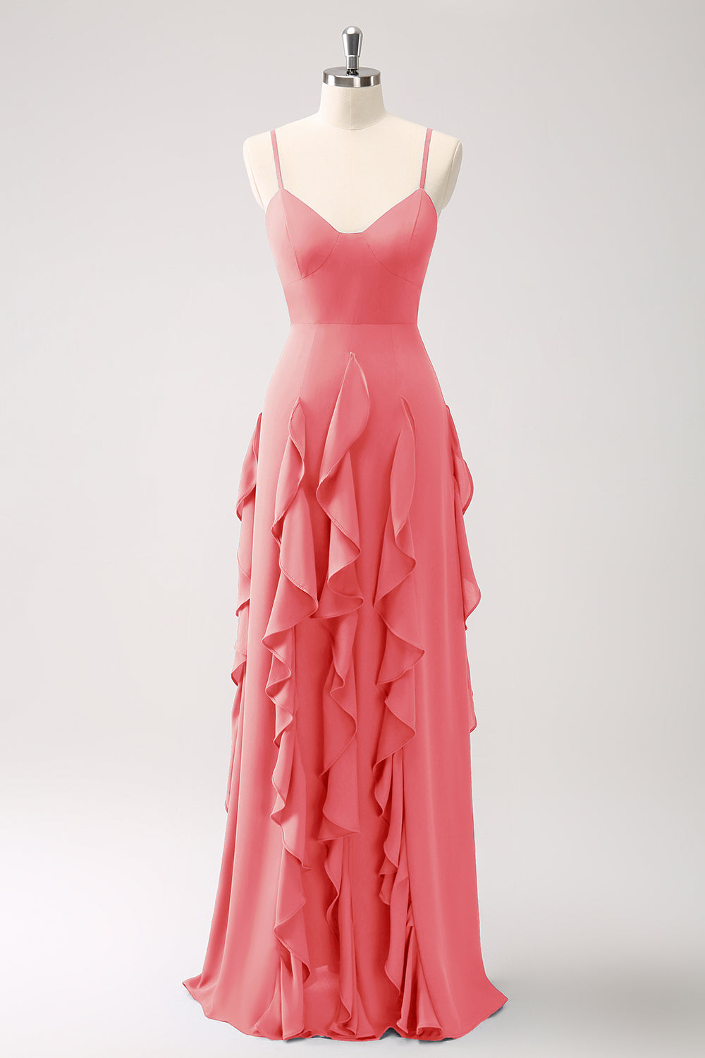 A-linje Fuchsia Spaghetti stropper brudepigekjole med flæser