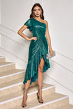 Mørkegrøn One Shoulder Bodycon Metallic Cocktail Kjole med Flæser
