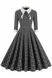 Sort Plaid revers hals vintage 1950'erne kjole med halværmer