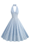 Halter Blue Plaid 1950'erne kjole med sløjfe