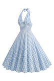Halter Blue Plaid 1950'erne kjole med sløjfe