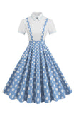 Blå Peter Pan Krave Polka Dots Stropper Samlet Vintage Kjole
