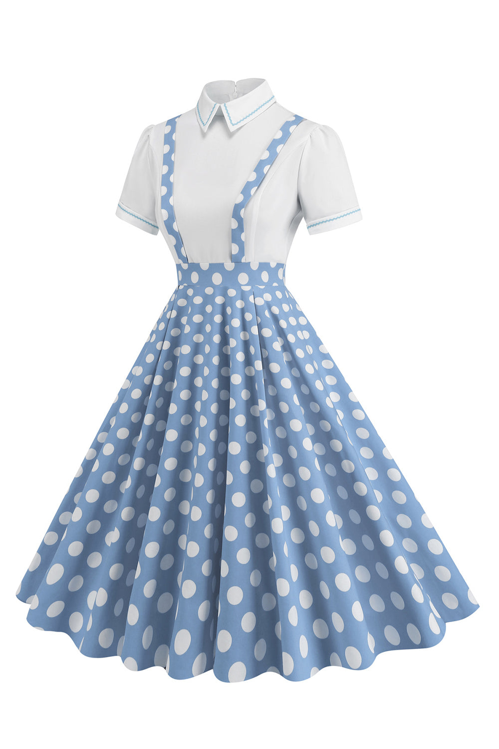 Blå Peter Pan Krave Polka Dots Stropper Samlet Vintage Kjole