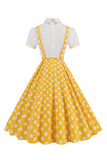 Blå Peter Pan Krave Polka Dots Stropper Samlet Vintage Kjole