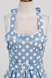 En linje blå prikker vintage 1950'erne kjole med bælte