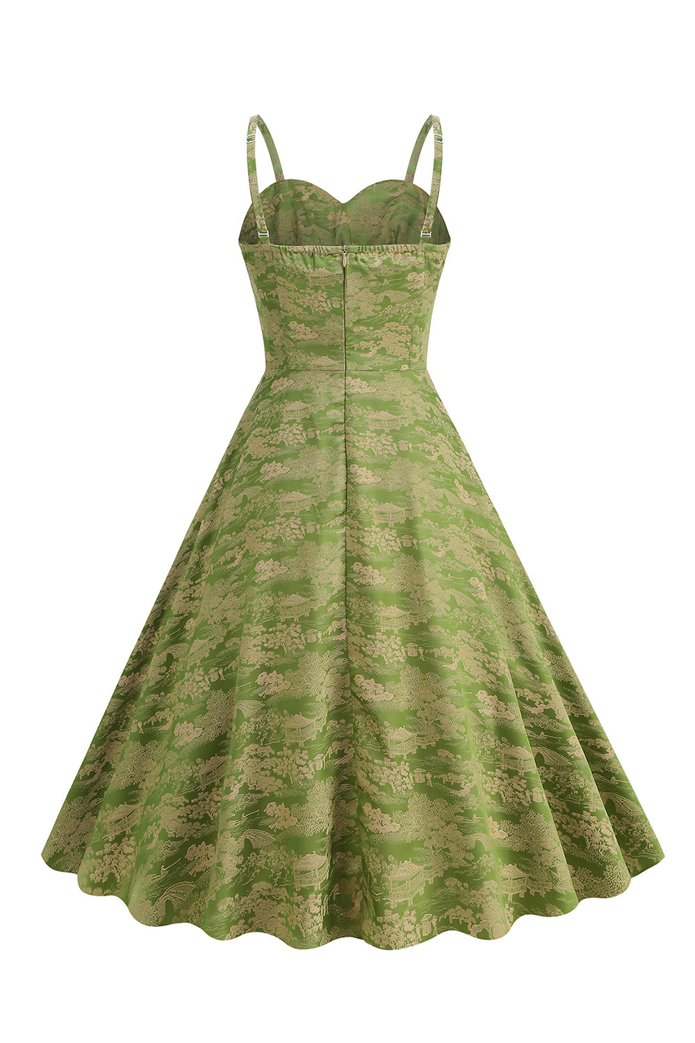 A Line Army Green Spaghetti Straps Trykt Vintage 1950'erne Kjole