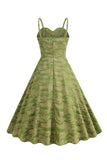 A Line Army Green Spaghetti Straps Trykt Vintage 1950'erne Kjole
