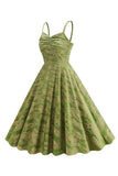 A Line Army Green Spaghetti Straps Trykt Vintage 1950'erne Kjole