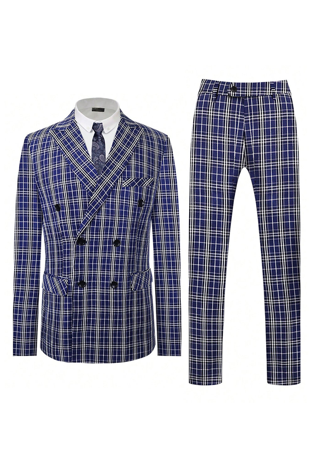 Royal Blue Plaid Peak Revers Double Breasted 2 stk herredragt