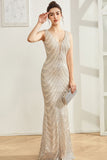 Sparkly Silver Mermaid V hals lang gallakjole