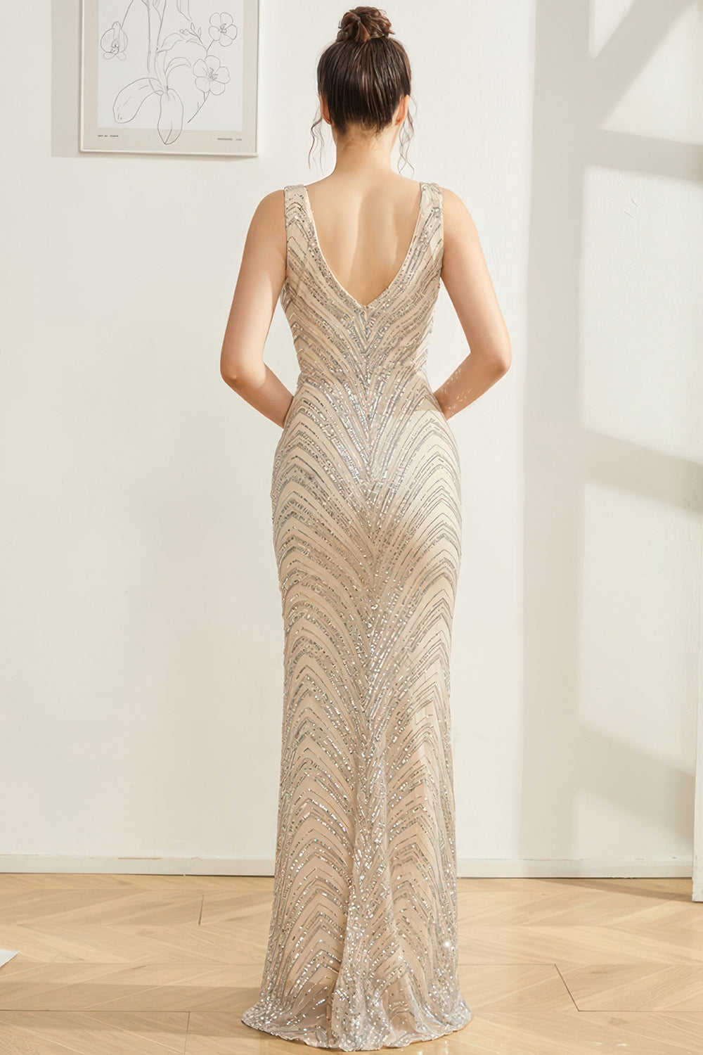 Sparkly Silver Mermaid V hals lang gallakjole
