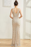 Sparkly Silver Mermaid V hals lang gallakjole