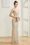 Sparkly Silver Mermaid V hals lang gallakjole
