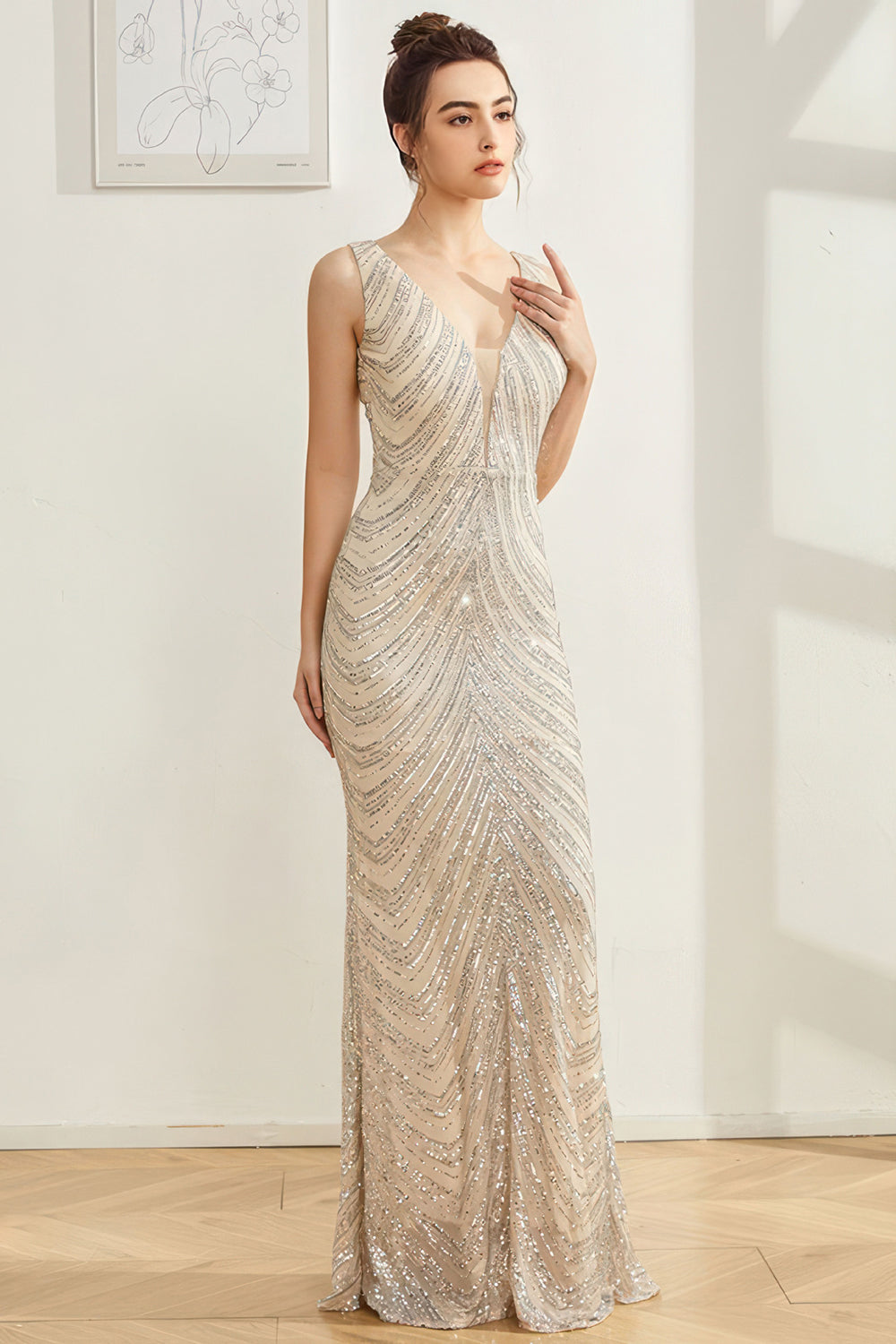 Sparkly Silver Mermaid V hals lang gallakjole
