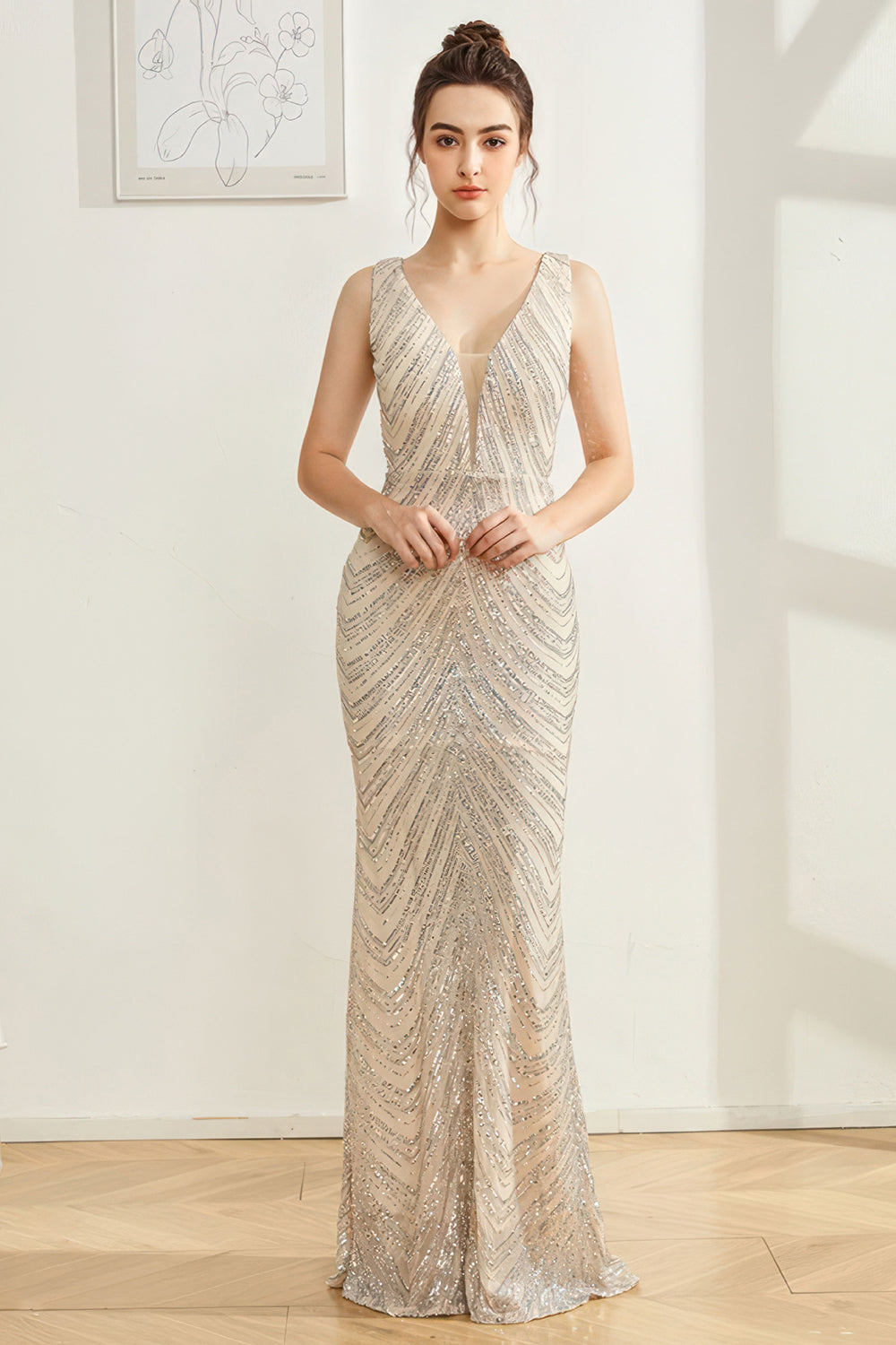 Sparkly Silver Mermaid V hals lang gallakjole