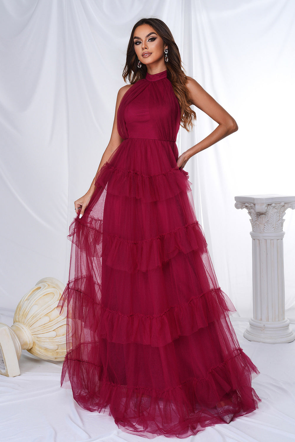 Bourgogne Halter Tiered Tulle A Line Long Prom Dress
